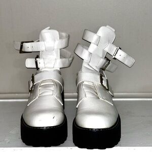 Women's White Buckle Strap Boots